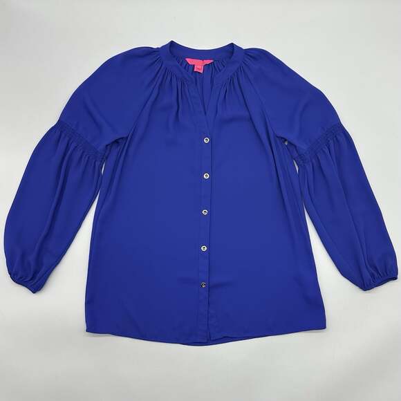 Lilly Pulitzer Tops - Lilly Pulitzer Anela Size XXS Royal Blue Chiffon Long Sleeve Button Up Blouse